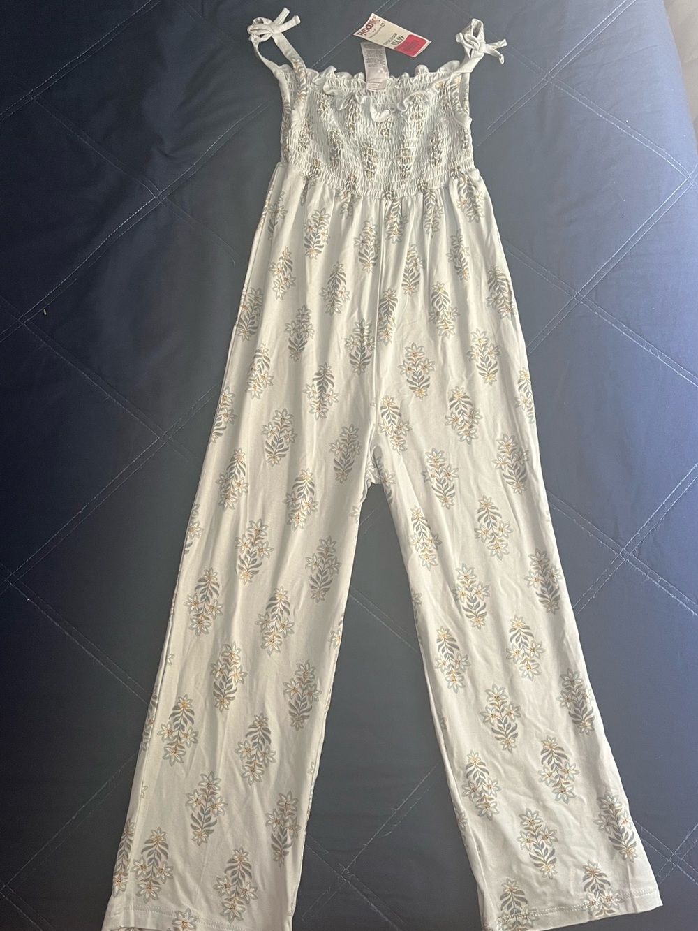 Girls White Floral Smocked Jumpsuit with Adjustable Straps